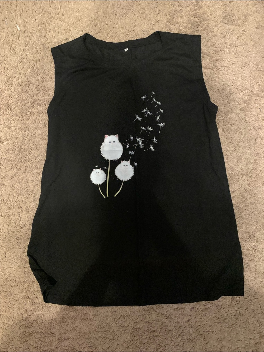 Black Sleeveless Women’s Top with White Dandelion Cat Print